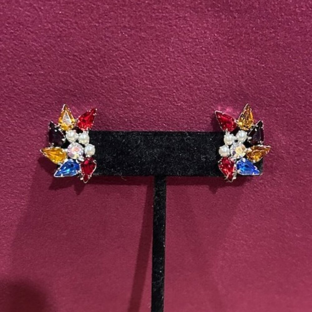 B.DAVID Multi-Color AB Rhinestone Pearl EARRINGS - Picture 2 of 8